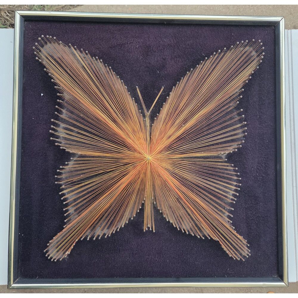 Vintage 1970s Butterfly String Art 19x19 Velvet MCM Boho Wall Decor